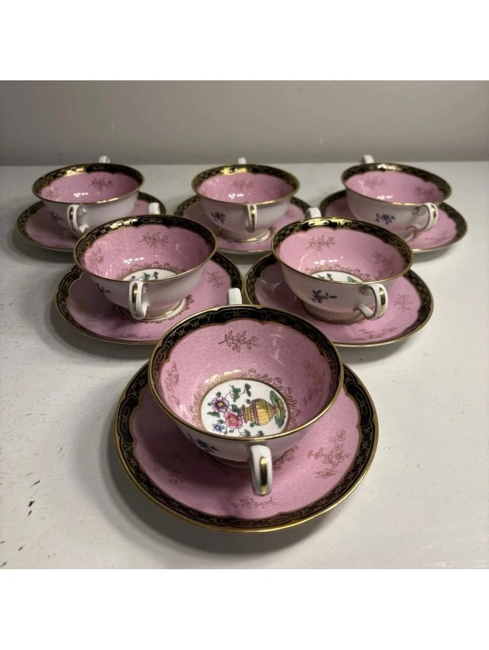 Copeland Spode Bone China Pink Gold Trim Cream Soup Bowl & Saucer set of 6